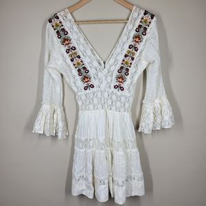 Free People FP One Ivory Antiquity Embroidered Floral Lace Mini Dress 4 Cotton